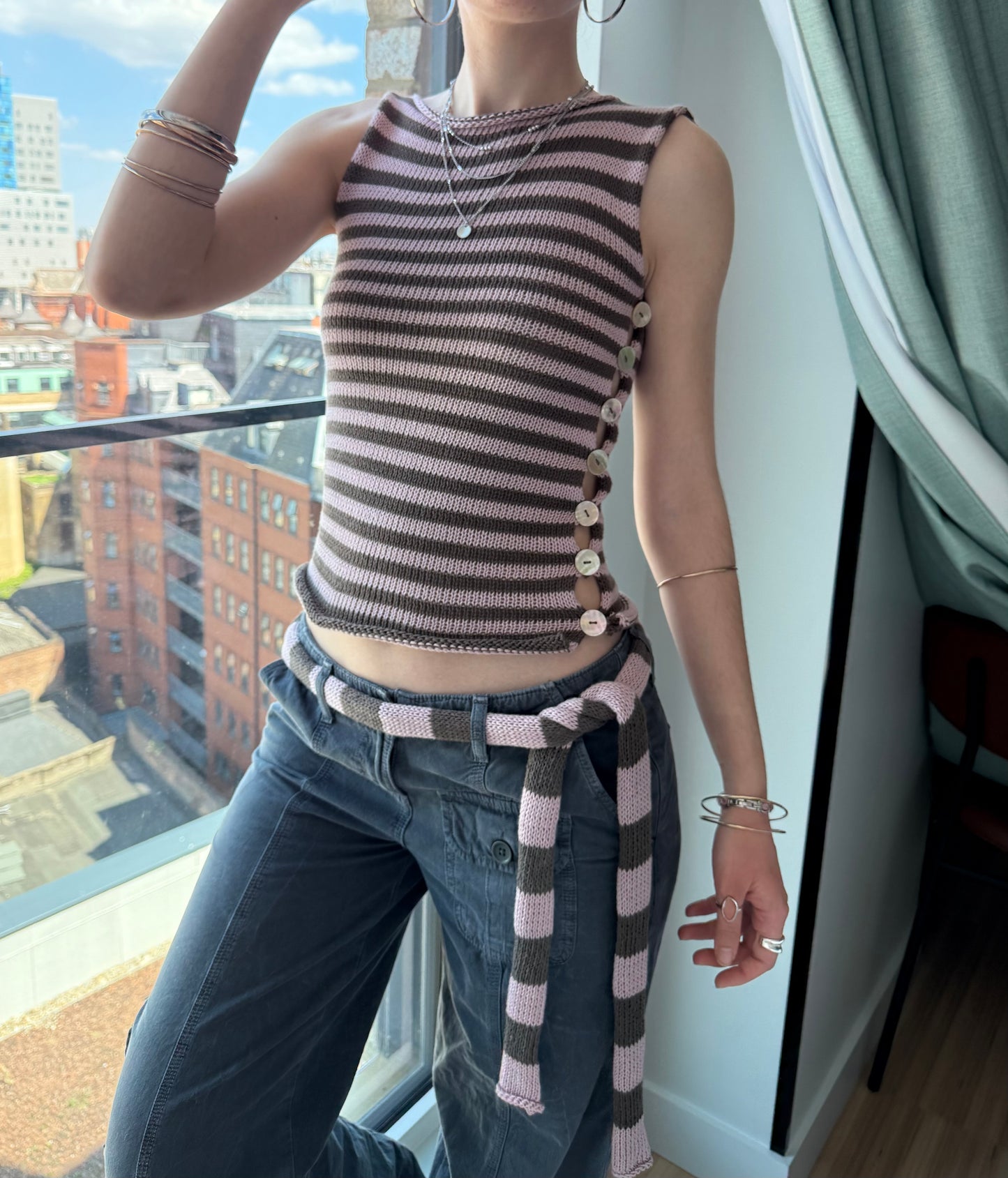 Handmade cotton knitted dusky pink and mocha striped skinny scarf / belt