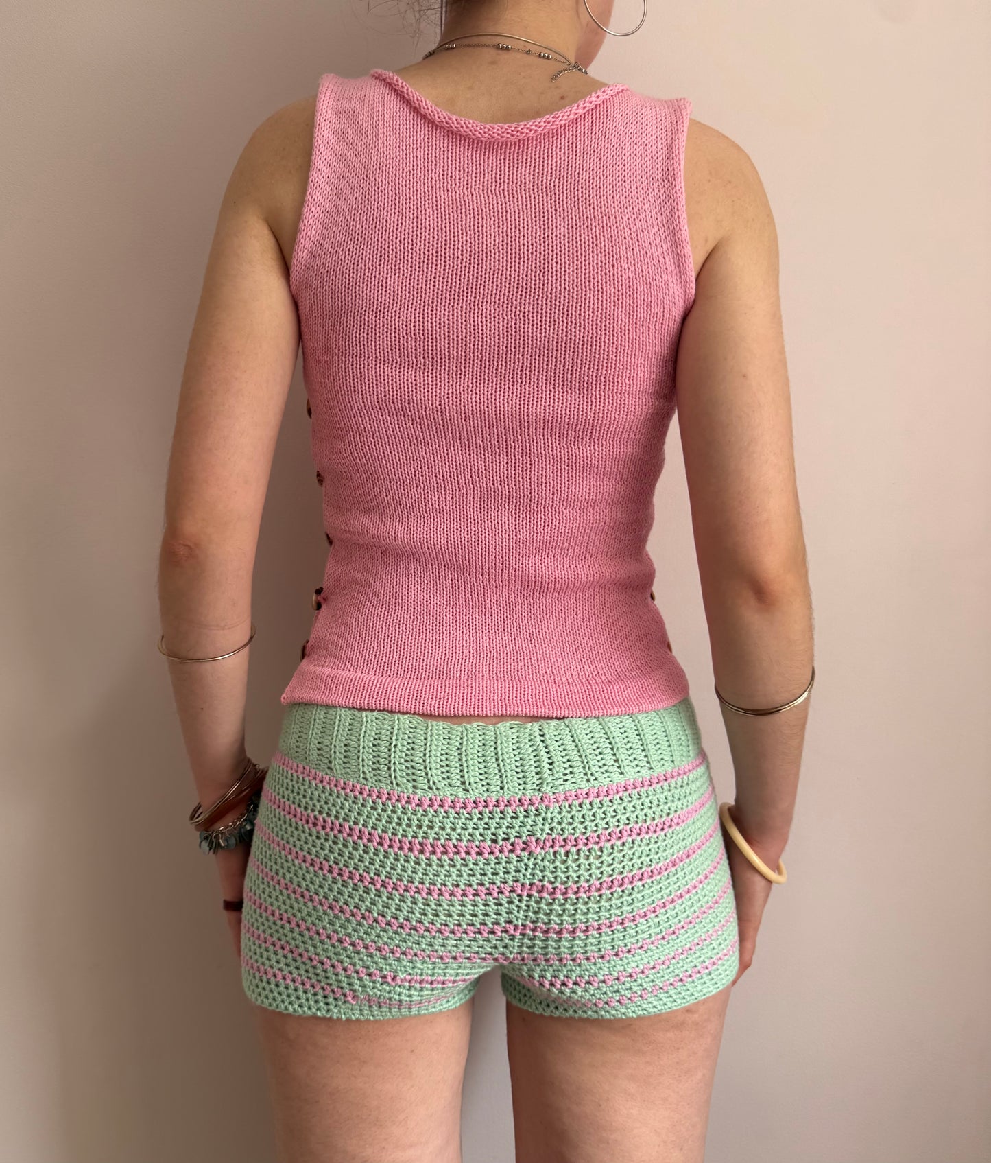 1 of 1 mint & pink striped cotton crochet button shorts (pre made in size XS)