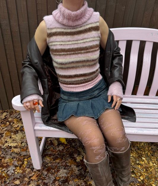The Neapolitan Ice Cream Vest - brown, cream & baby pink fluffy striped turtleneck knit vest