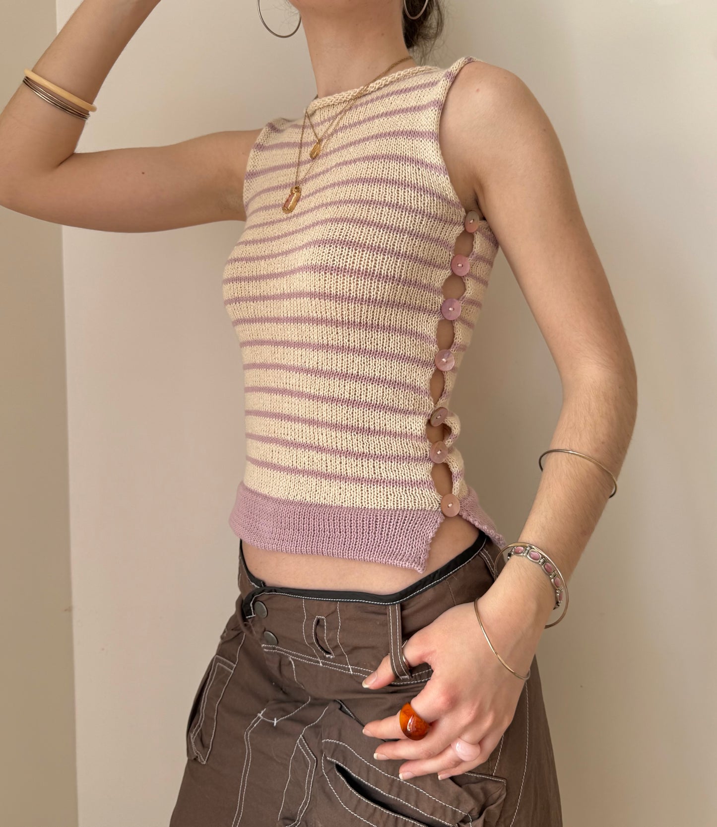 1 of 1 striped Pearl Vest in cream & dusky pink (pre made in S-M)