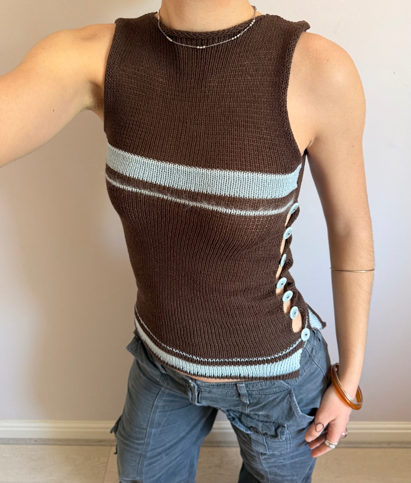 Striped Pearl Vest in brown and baby blue