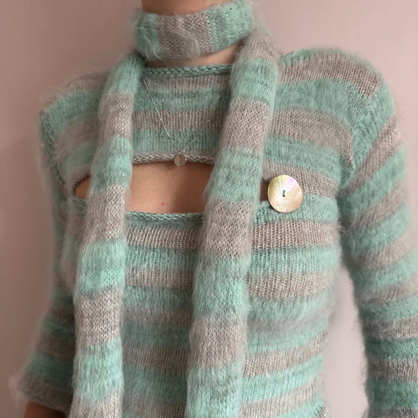 Fluffy striped knit skinny scarf in aqua & grey - pre made