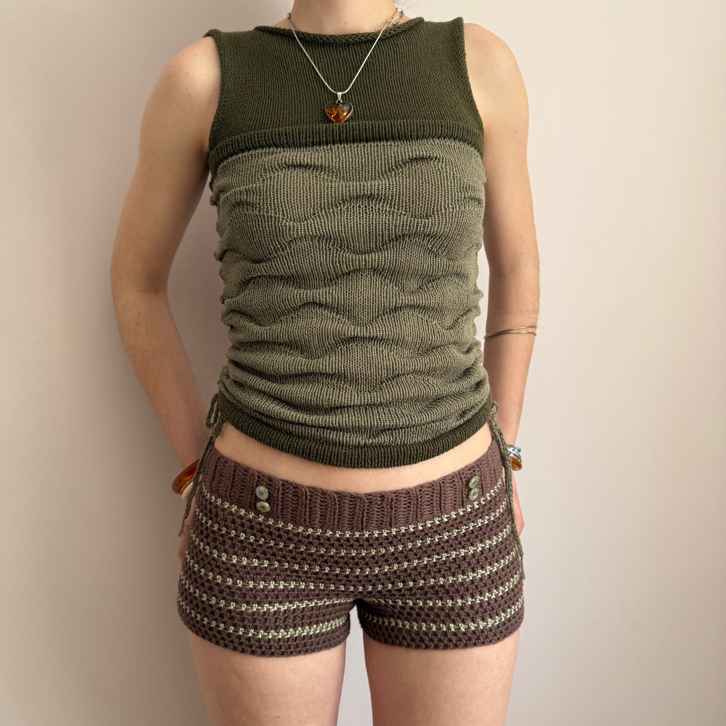 1 of 1 brown & green striped cotton crochet button shorts (pre made in size XS)