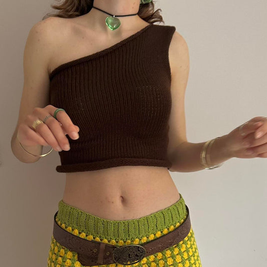 Handmade knitted brown  asymmetrical one shoulder top