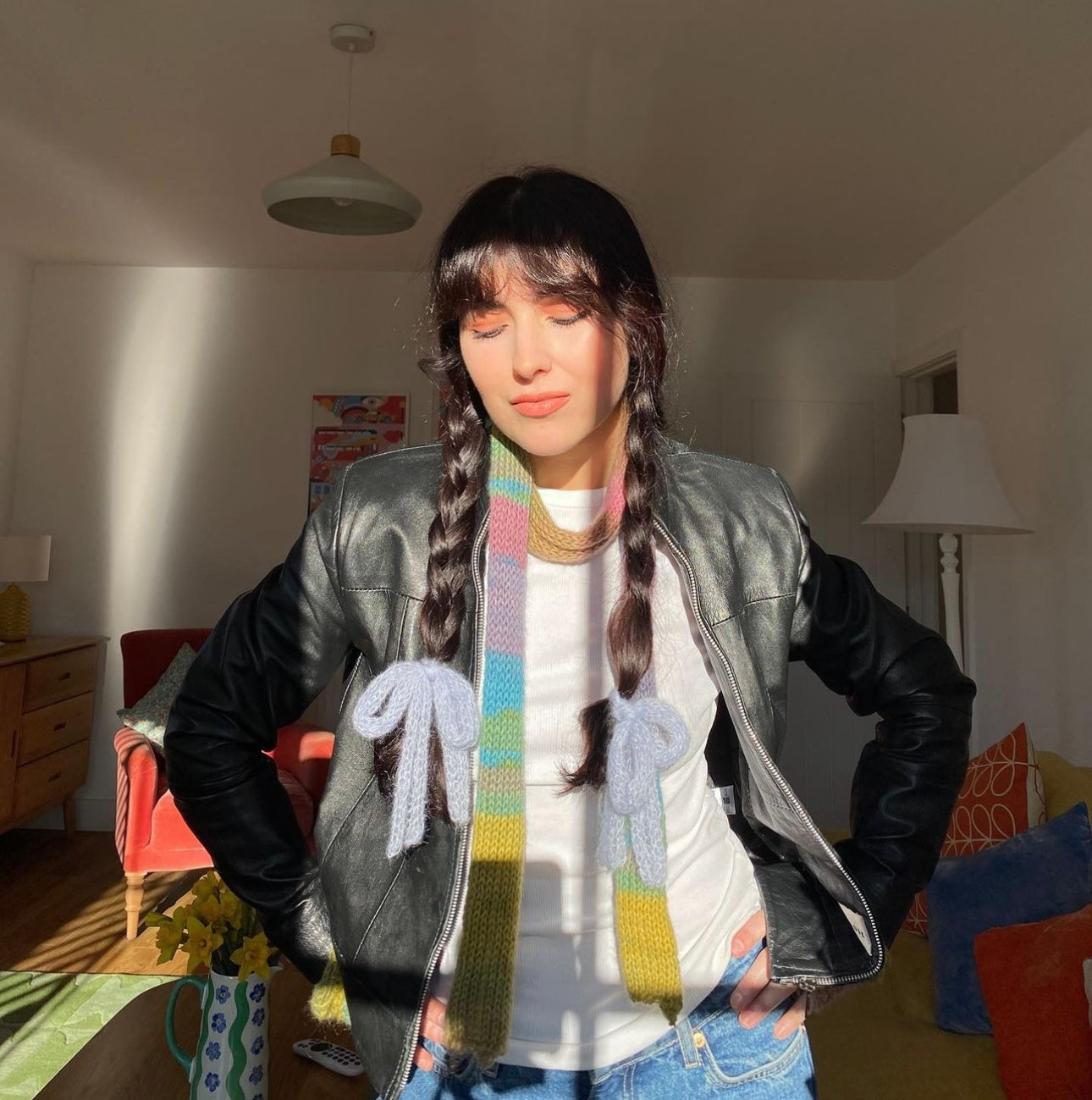 Handmade knitted ombré skinny scarf in dusky rainbow