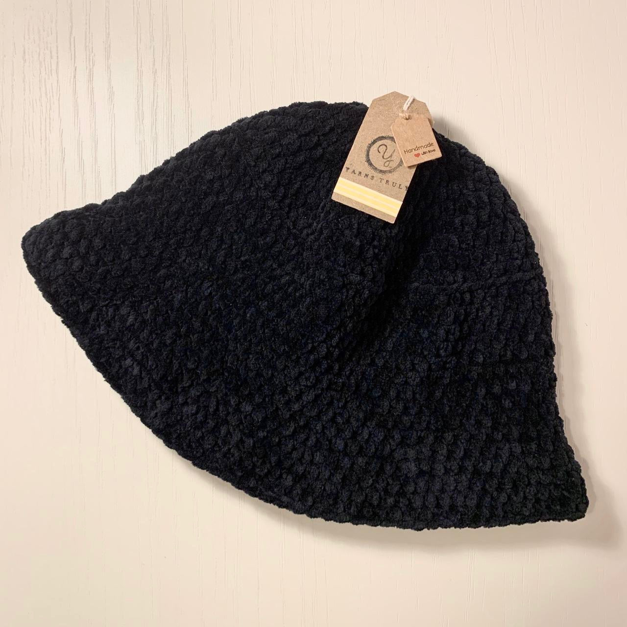 Handmade crushed velvet crochet bucket hat in black