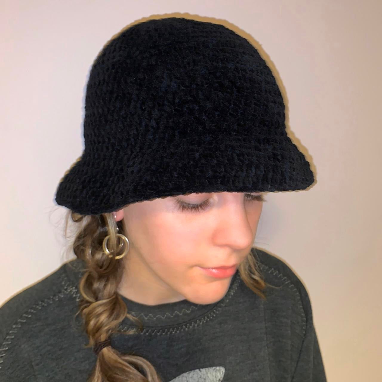 Handmade crushed velvet crochet bucket hat in black