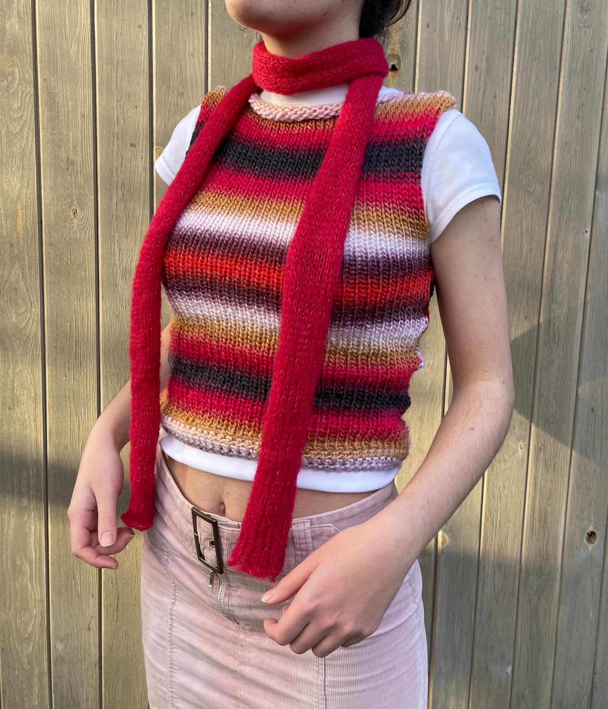 Red knitted mohair scarf full view
