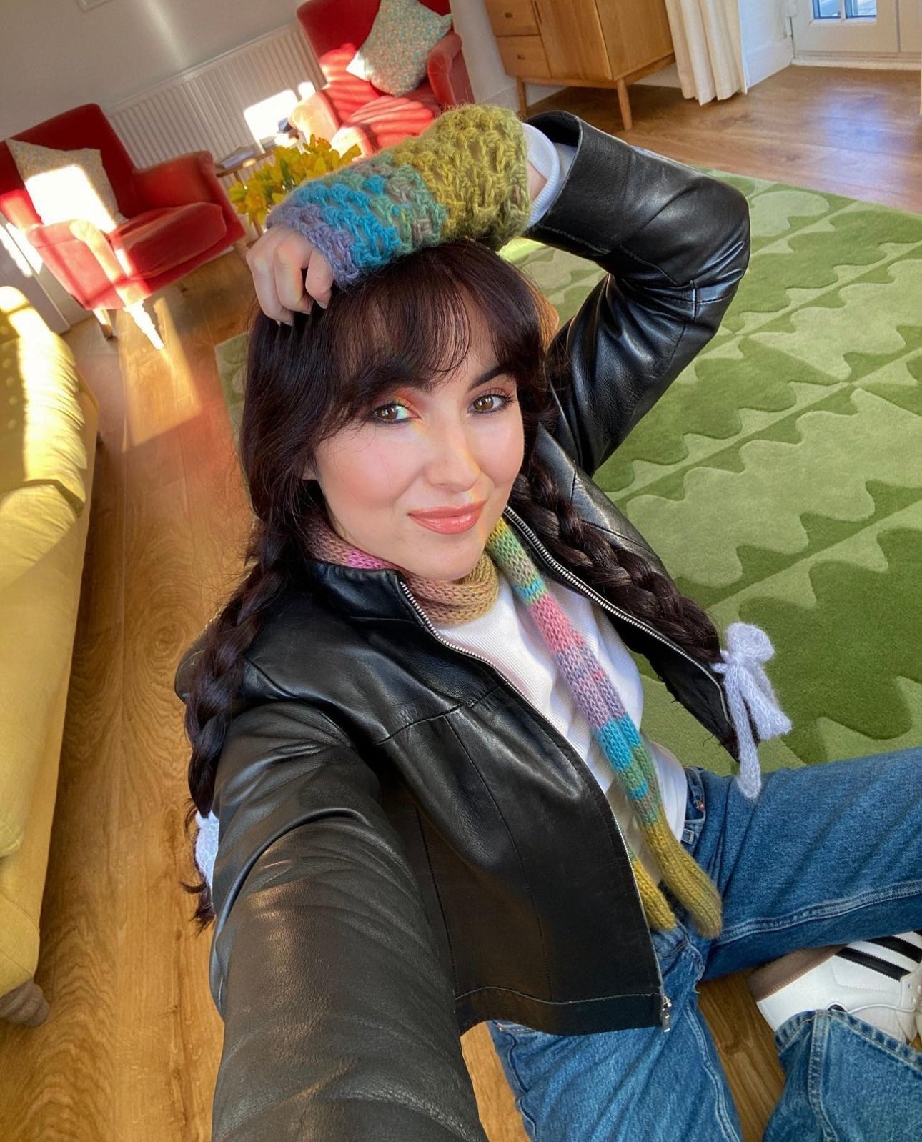 Handmade knitted ombré skinny scarf in dusky rainbow