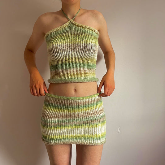 SET: Handmade knitted halter top and skirt in green, beige and cream