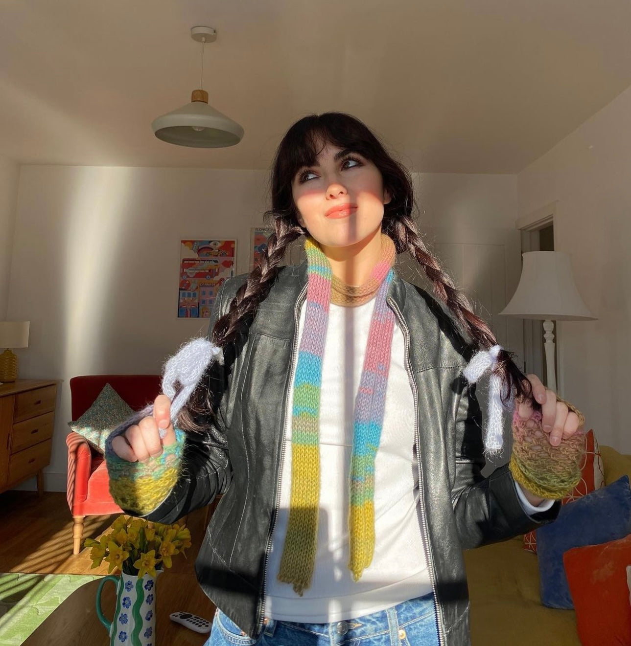 Handmade knitted ombré skinny scarf in dusky rainbow