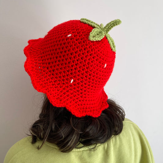 Handmade scallop edge strawberry crochet bucket hat