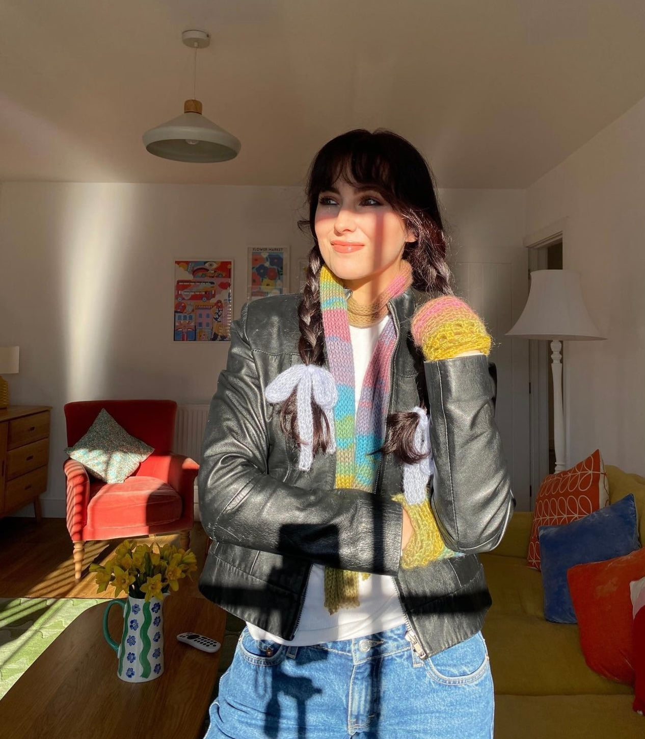 Handmade knitted ombré skinny scarf in dusky rainbow