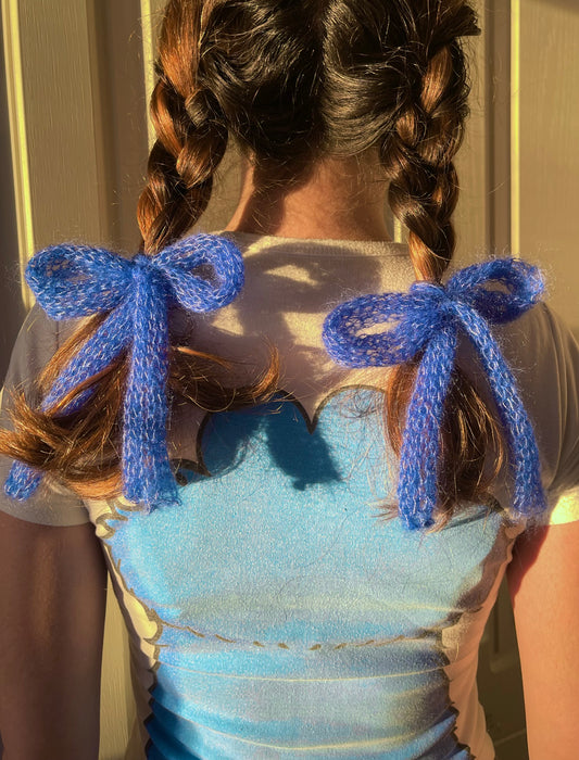 x2 handmade knitted hair bows in cobalt blue (pair)