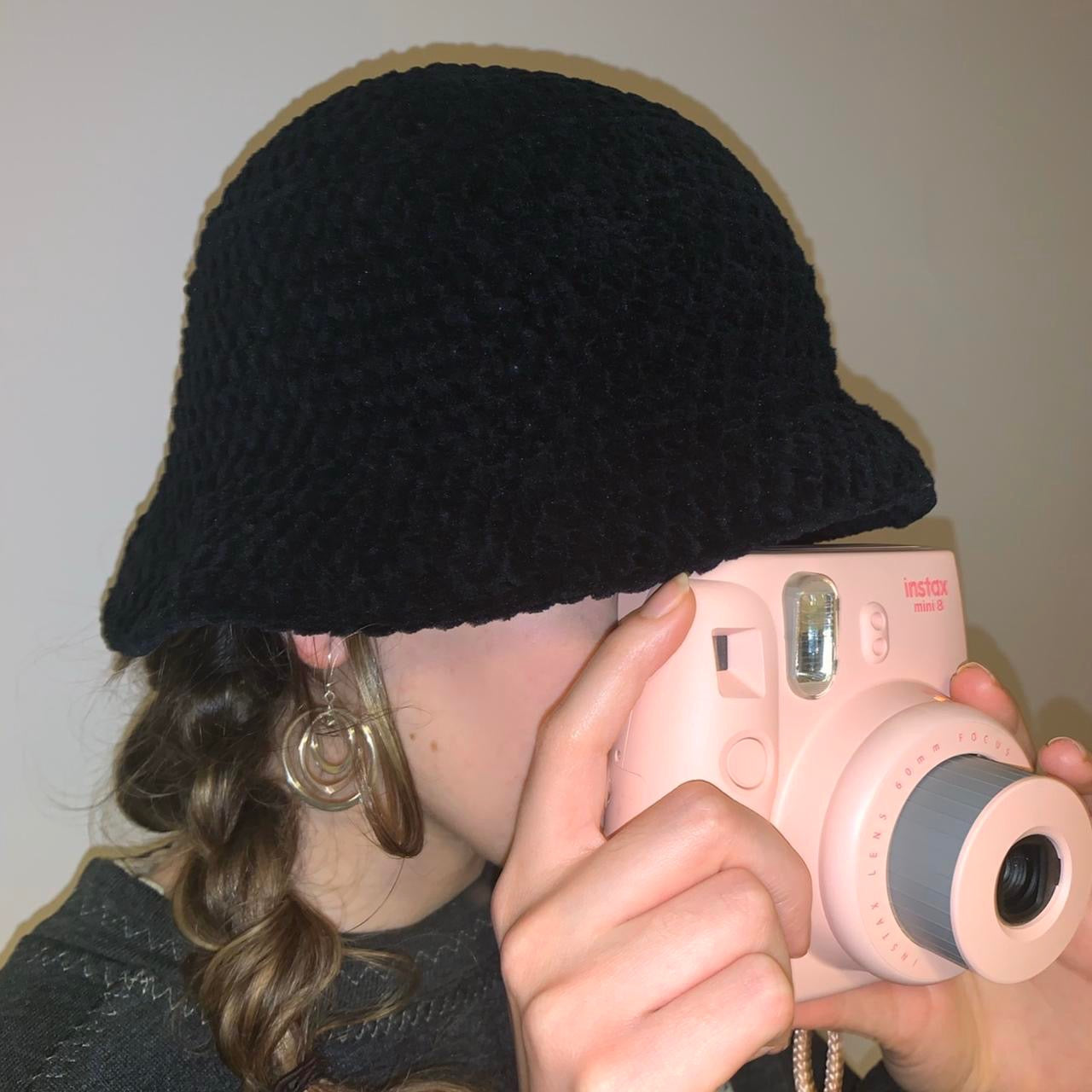 Handmade crushed velvet crochet bucket hat in black