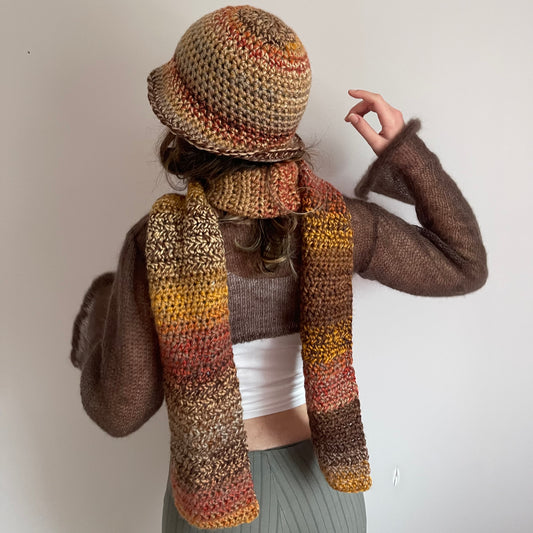 Handmade brown, burnt orange and mustard yellow chunky crochet bucket hat