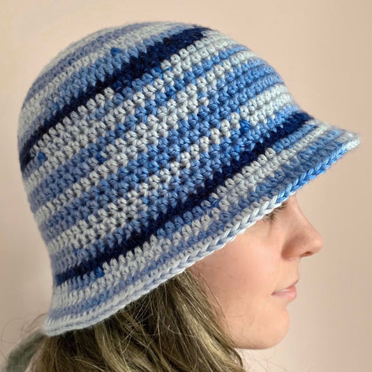 Handmade striped crochet bucket hat in blue shades