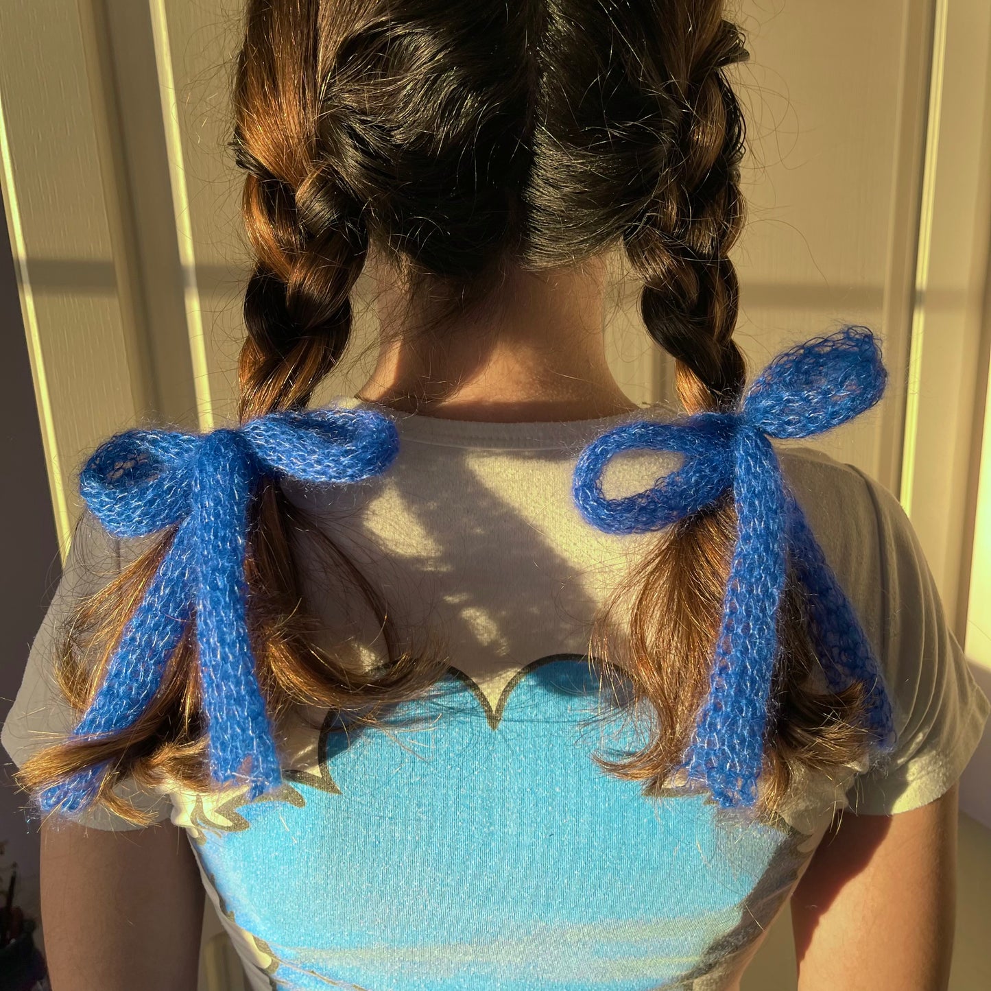 x2 handmade knitted hair bows in cobalt blue (pair)