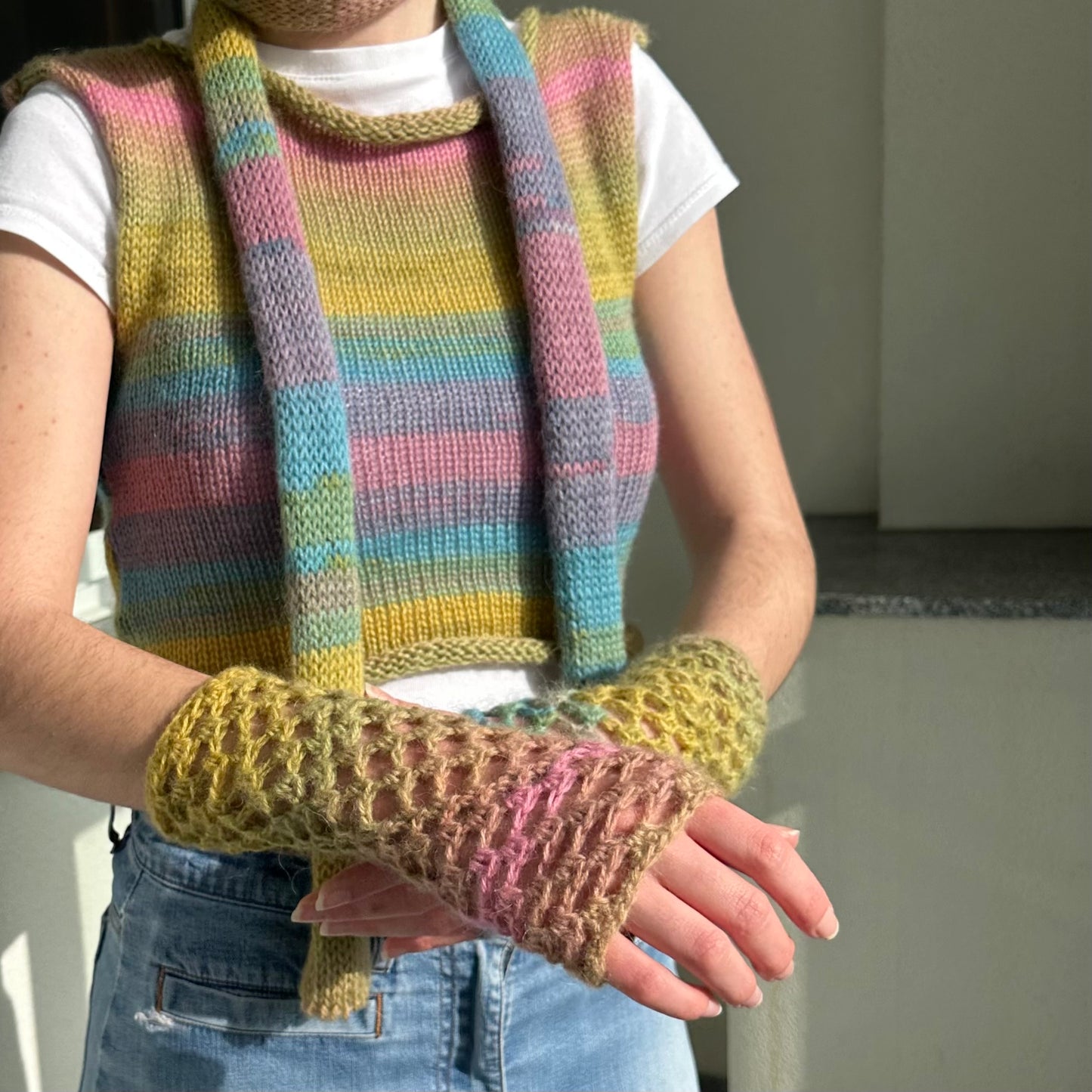 Handmade dusky rainbow crochet fishnet hand warmers