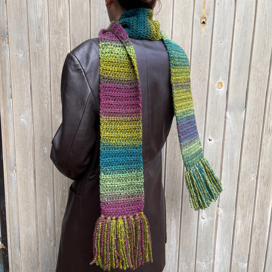 Handmade ombré green and purple crochet scarf with tassels