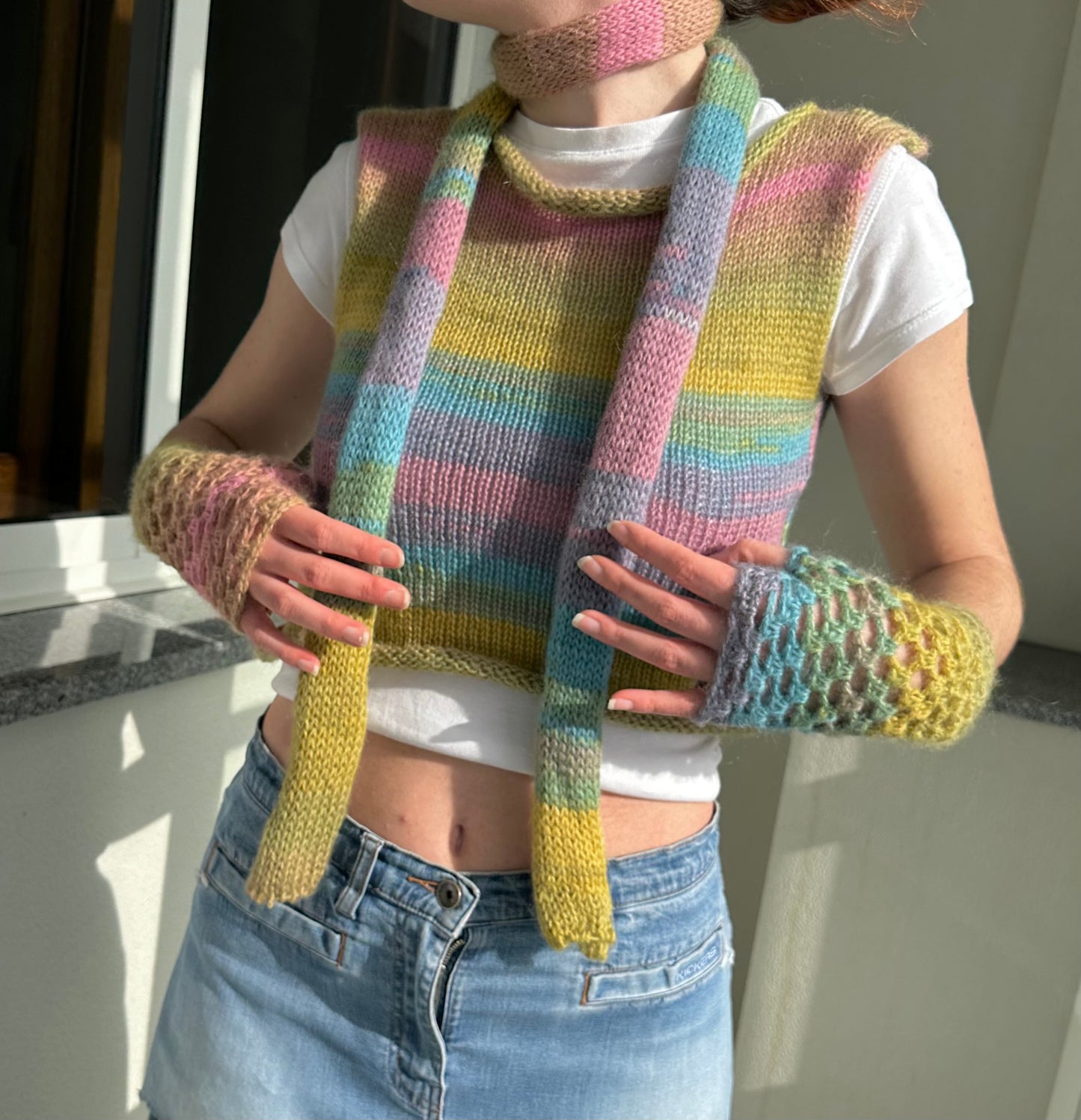 Handmade dusky rainbow crochet fishnet hand warmers