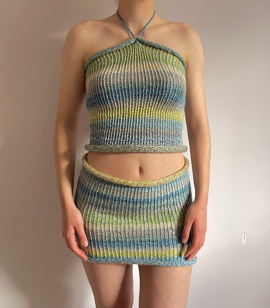 SET: Handmade knitted halter top and skirt in green, beige, yellow and blue