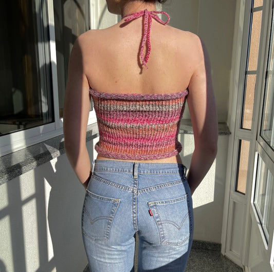 Handmade knitted halter top in pink, purple, coral and grey