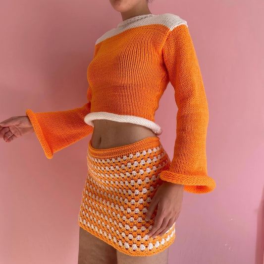 Handmade retro crochet mini skirt in orange and white
