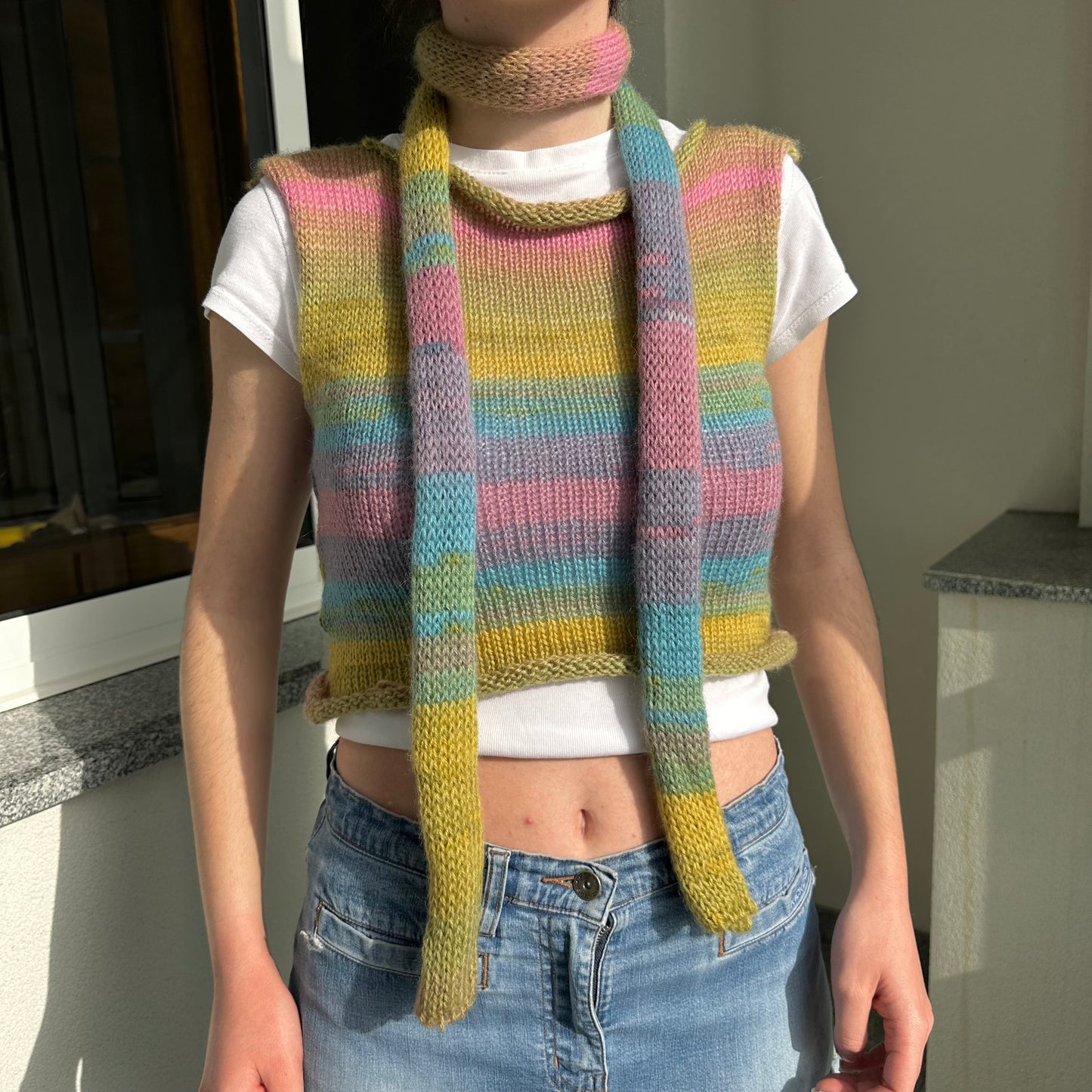 Handmade knitted ombré skinny scarf in dusky rainbow